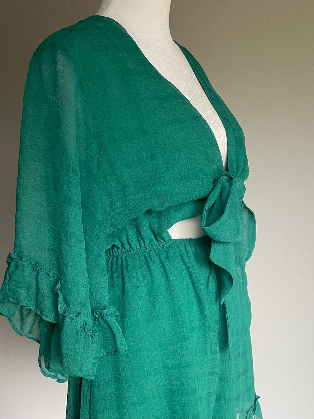 Chiffon Ruffle Romper with Cut Out Mi Ami Green Boho Chic Romantic Size M - Picture 6 of 15